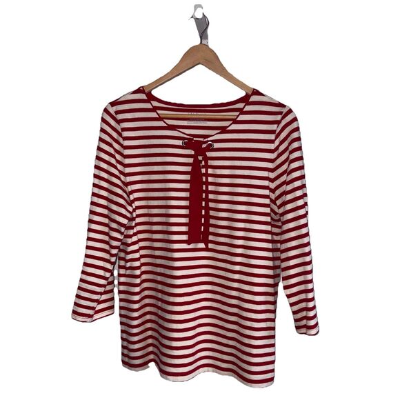 Talbots Red & White Striped Top Tie Front Size Large Nautical Cotton 3/4 Sleeves - Picture 3 of 9
